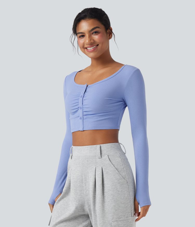Ribbed Knit Scoop Neck Long Sleeve Thumb Holes Slim Cropped Casual Top