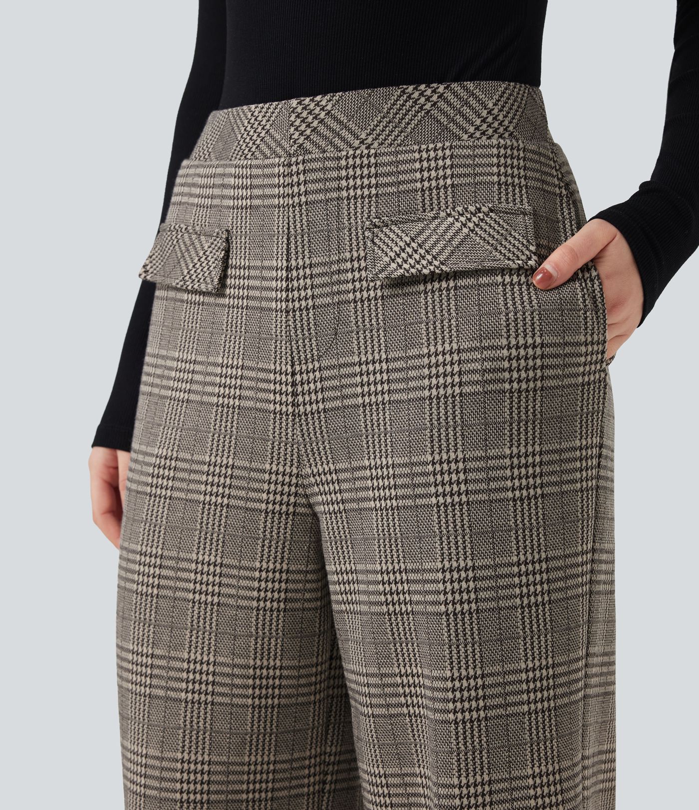 Pantalon tailleur coupe droite pied-de-poule carreaux Halara Flex™ taille haute avec poches