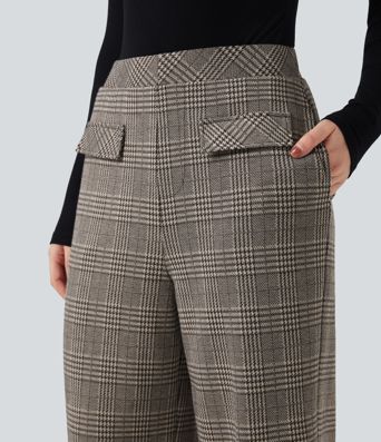 Pantalon tailleur coupe droite pied-de-poule carreaux Halara Flex™ taille haute avec poches