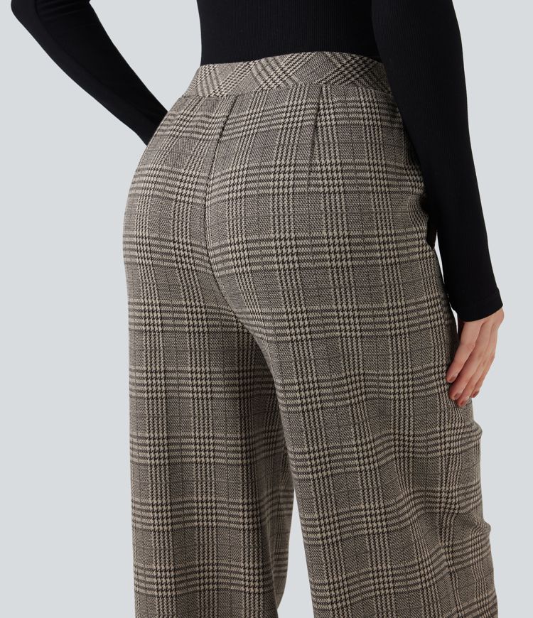 Pantalon tailleur coupe droite pied-de-poule carreaux Halara Flex™ taille haute avec poches