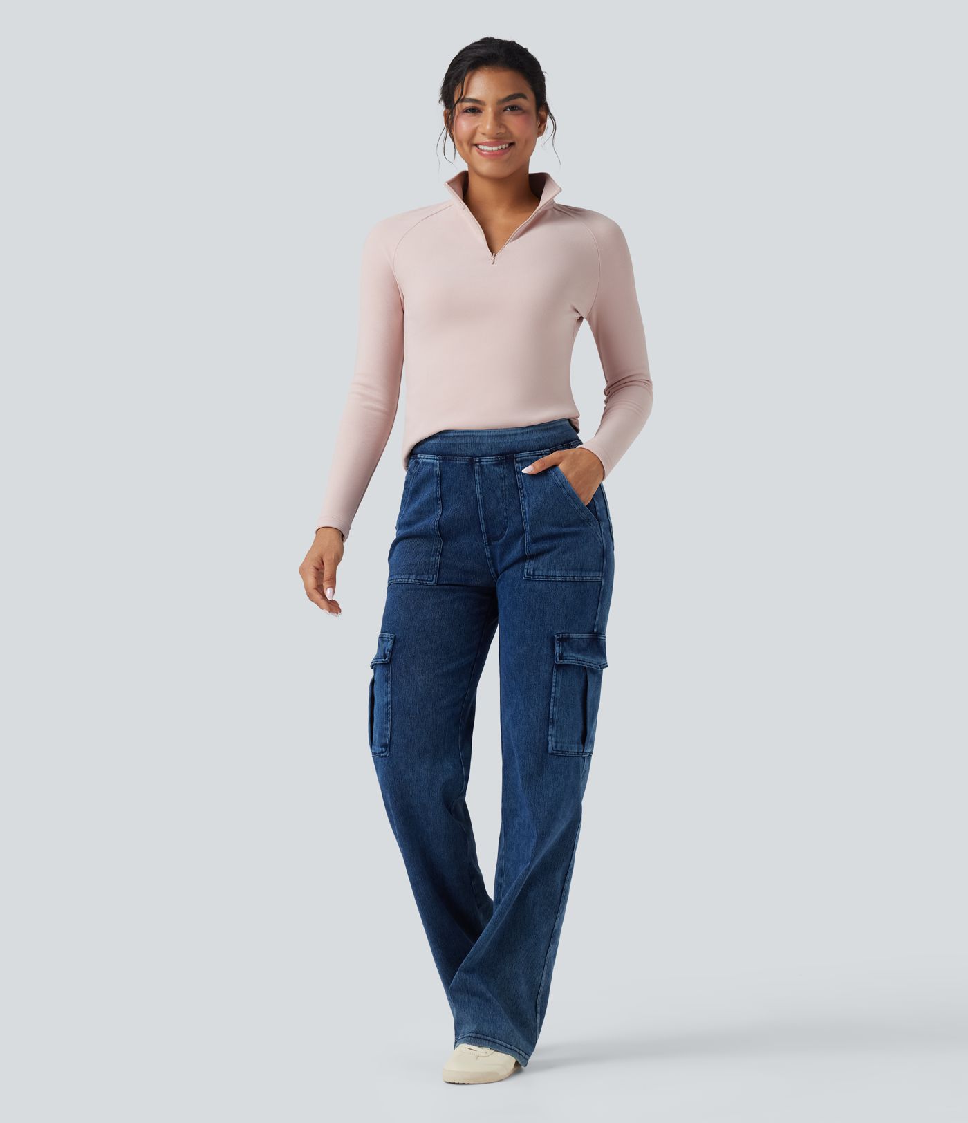 Top casual de polar de manga larga con media cremallera