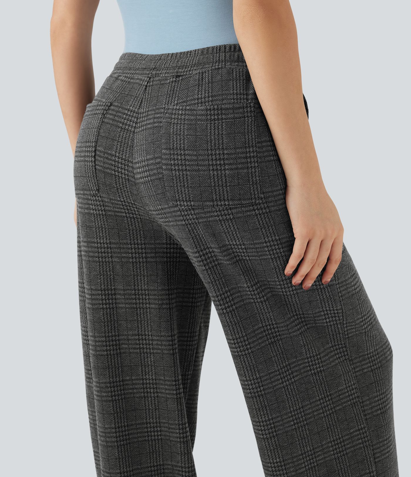 Mid Rise Drawstring Wide Leg Houndstooth Plaid Casual Trousers with Pockets