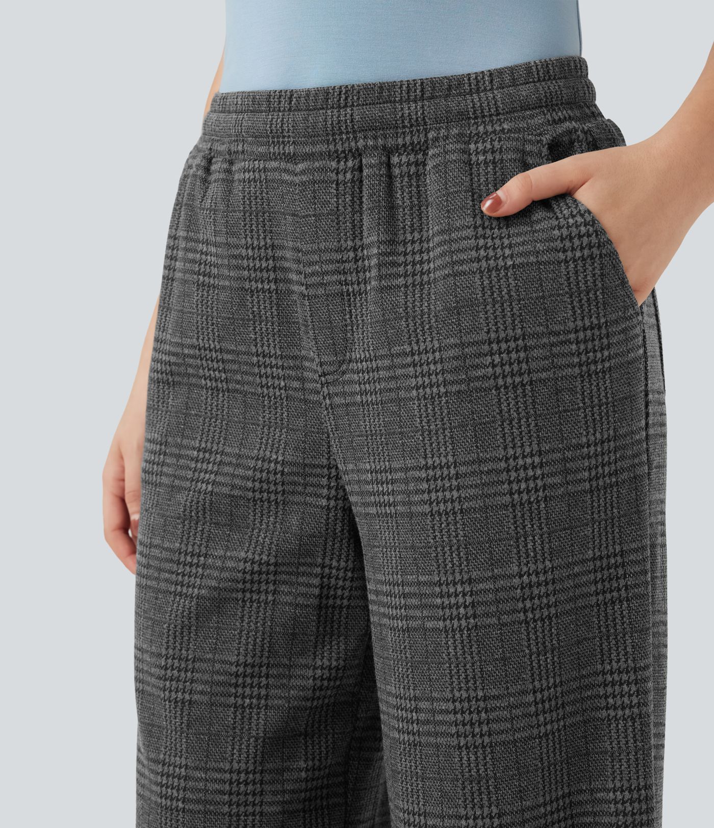 Mid Rise Drawstring Wide Leg Houndstooth Plaid Casual Trousers with Pockets
