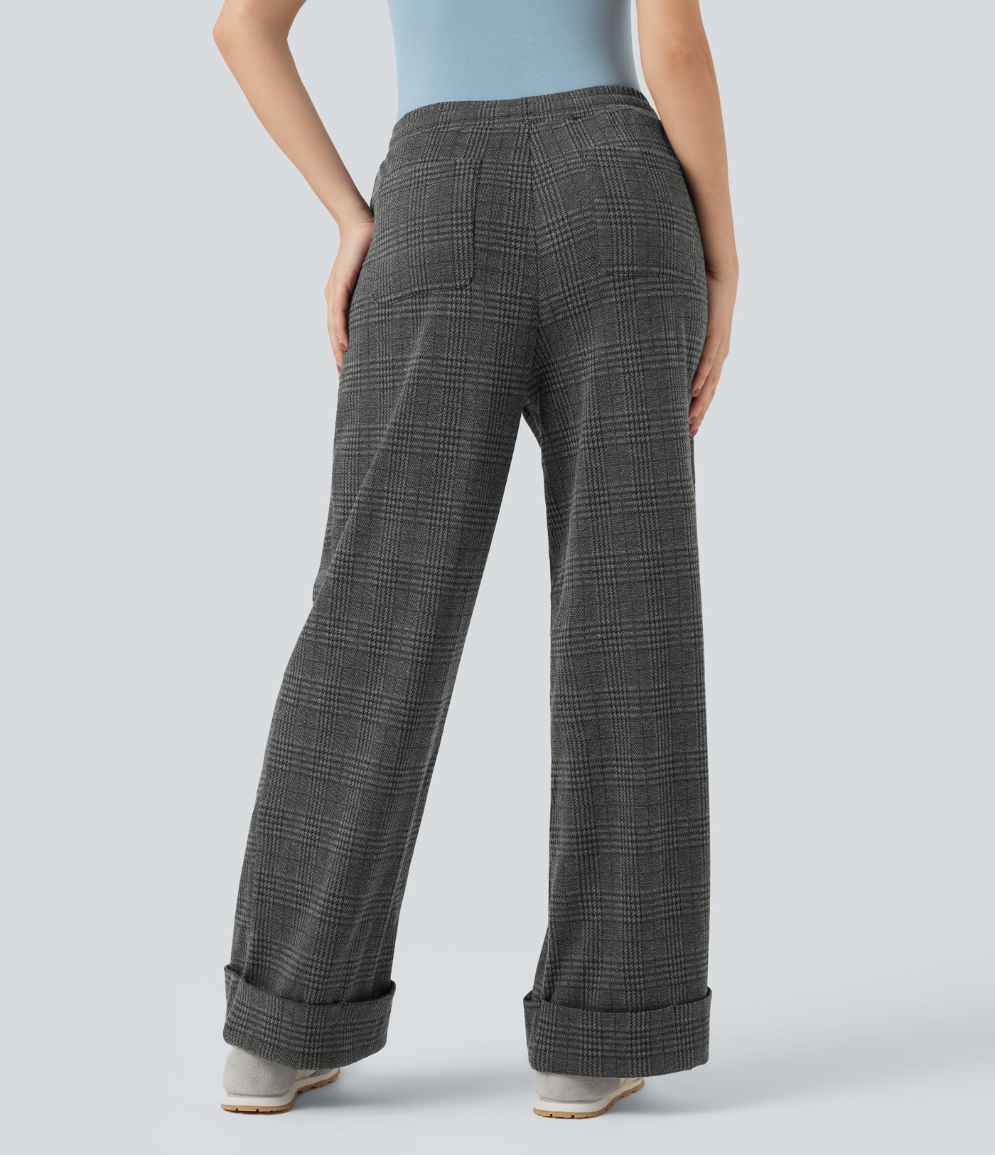 Mid Rise Drawstring Wide Leg Houndstooth Plaid Casual Trousers with Pockets