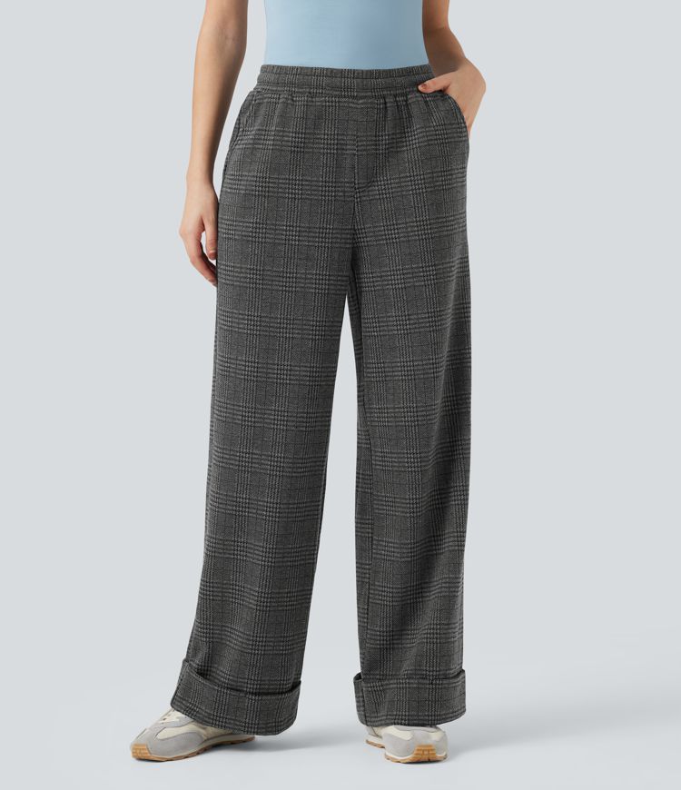 Mid Rise Drawstring Wide Leg Houndstooth Plaid Casual Trousers with Pockets