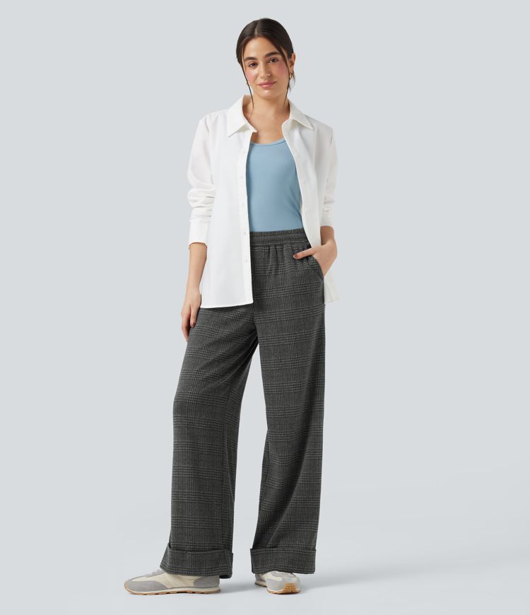 Mid Rise Drawstring Wide Leg Houndstooth Plaid Casual Trousers with Pockets