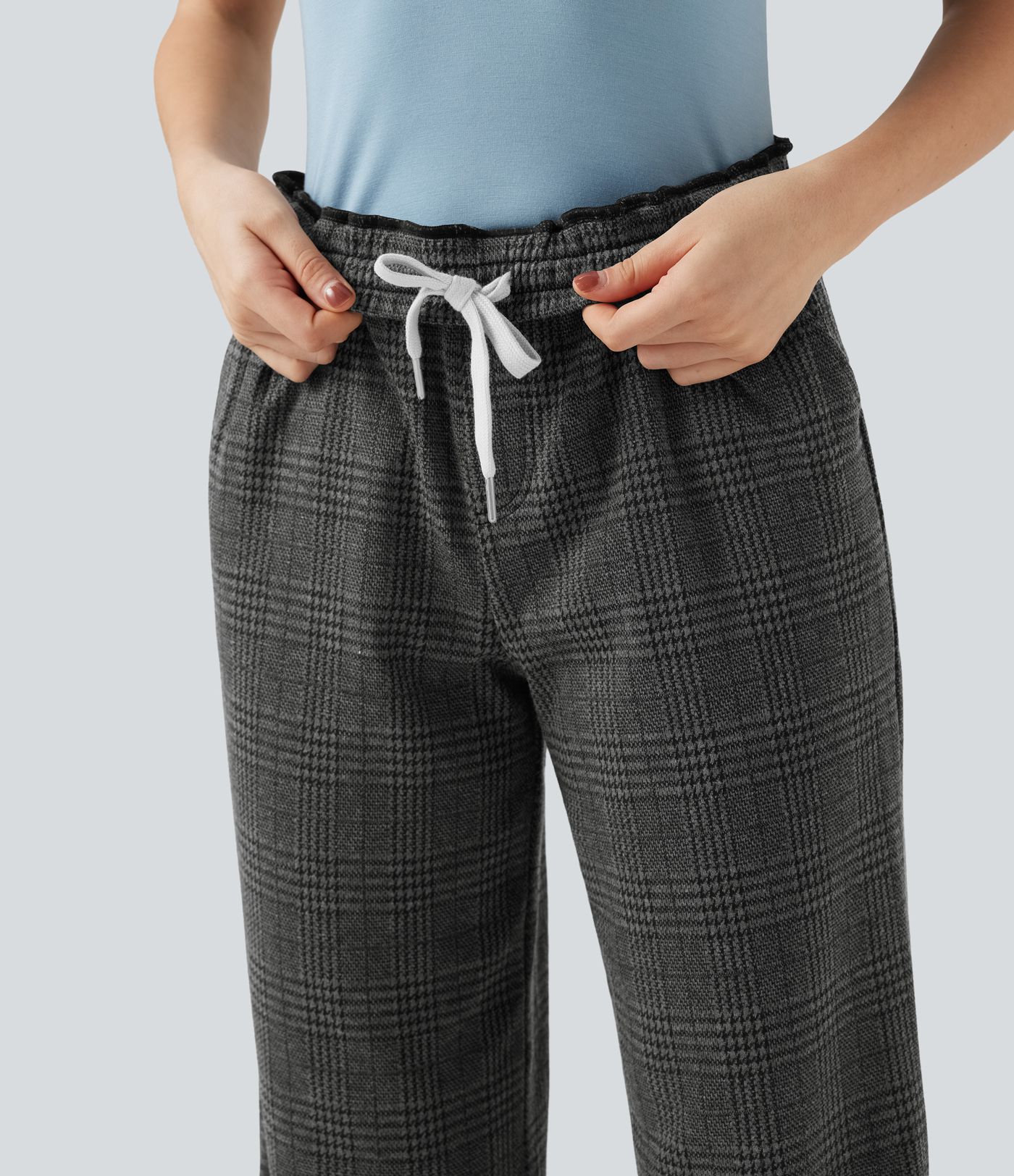 Mid Rise Drawstring Wide Leg Houndstooth Plaid Casual Trousers with Pockets