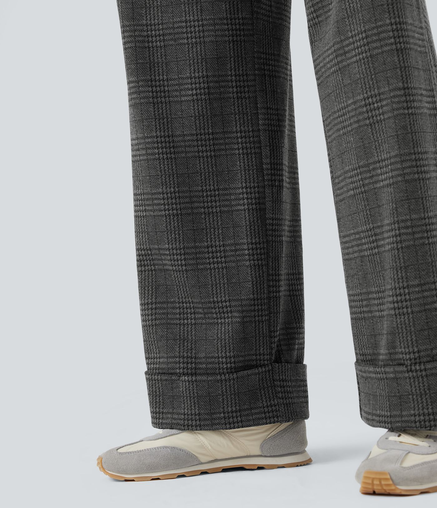 Mid Rise Drawstring Wide Leg Houndstooth Plaid Casual Trousers with Pockets