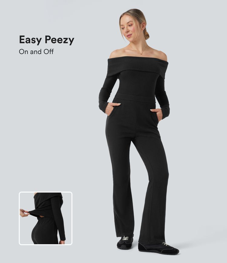 Ribbed Knit Foldover Off Shoulder Long Sleeve Bootcut Fleece Casual Jumpsuit with Pockets-Easy Peezy Edition