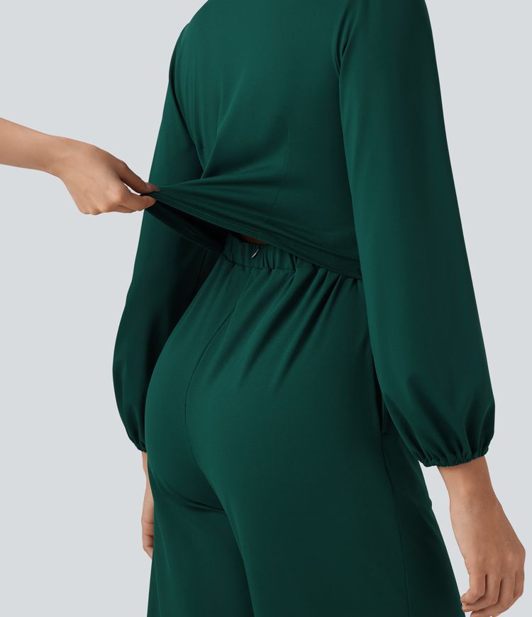 V Neck Long Sleeve Wide Leg Work Jumpsuit with Pockets-Easy Peezy Edition