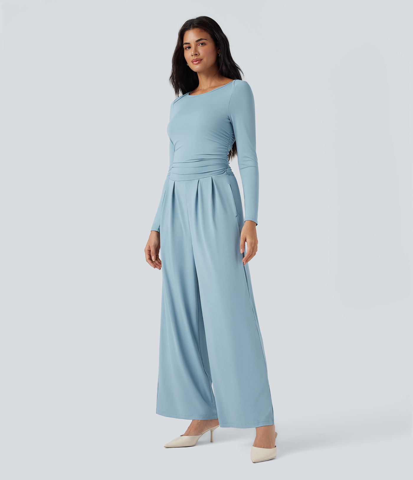 Jumpsuit casual ancho de cuello barco y manga larga con bolsillos (edición Easy Peezy)