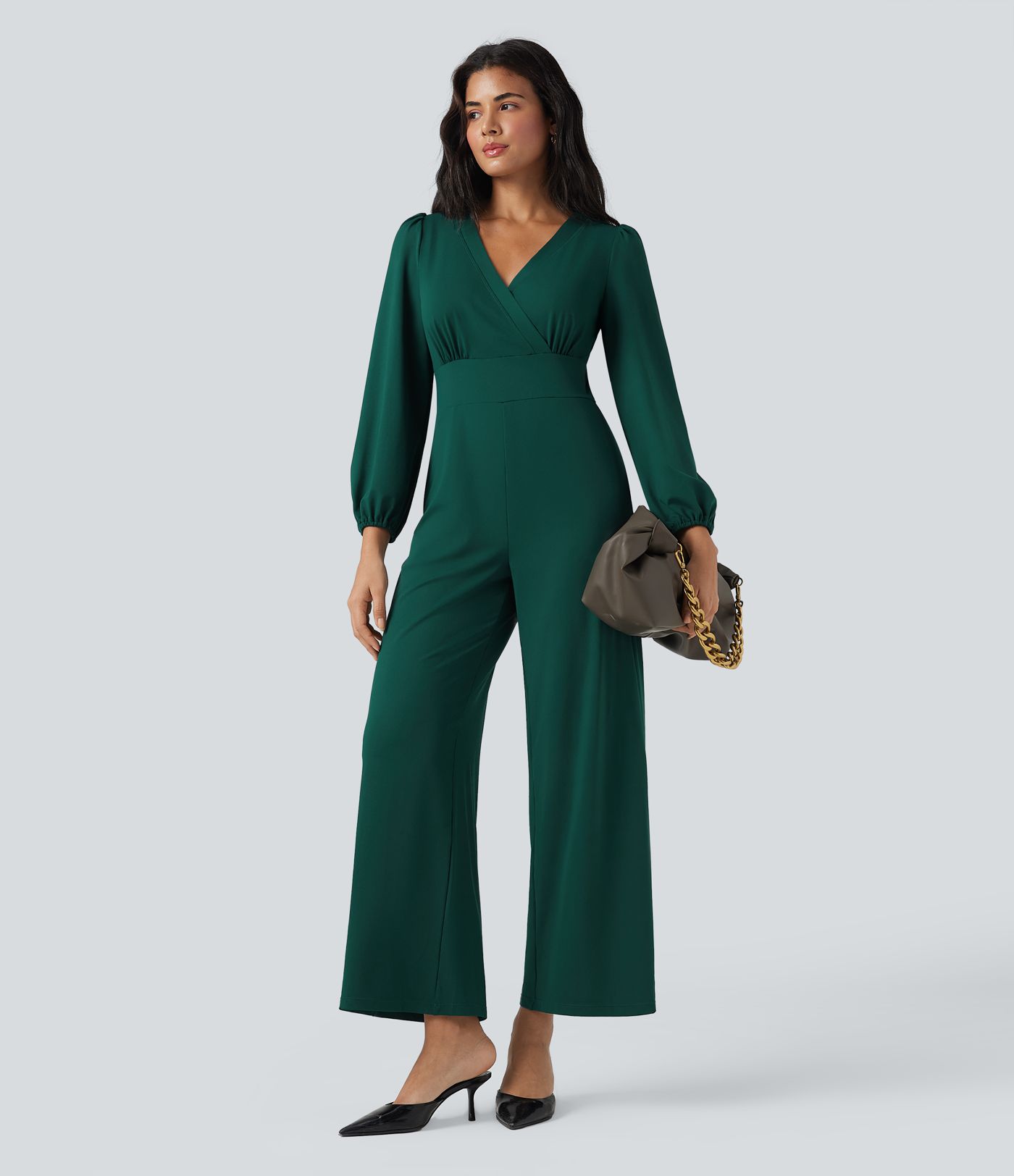 Combinaison tailleur à jambes larges, col V, manches longues, avec poches – Édition Easy Peasy