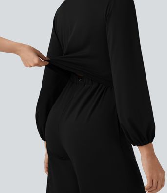 Arbeits-Jumpsuit mit V-Ausschnitt, langen Ärmeln und weitem Bein, mit Taschen – Easy Peezy Edition