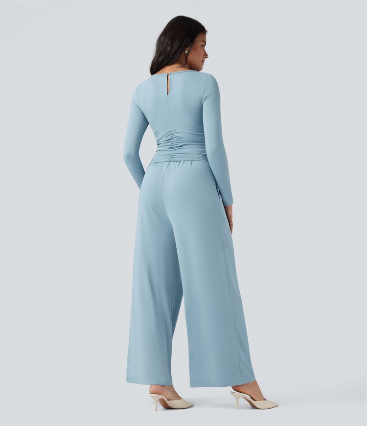 Jumpsuit casual ancho de cuello barco y manga larga con bolsillos (edición Easy Peezy)