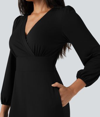 Arbeits-Jumpsuit mit V-Ausschnitt, langen Ärmeln und weitem Bein, mit Taschen – Easy Peezy Edition