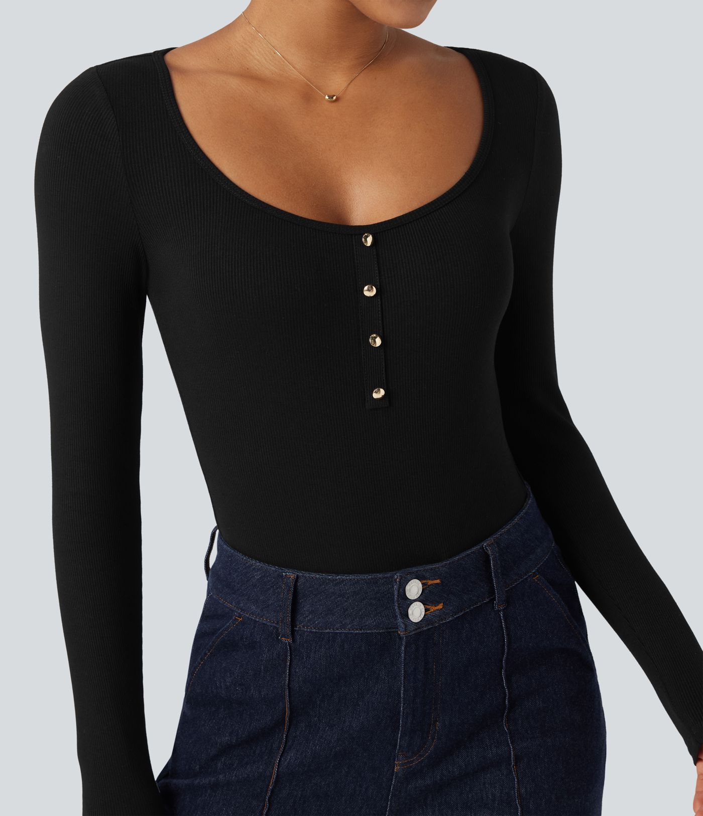 Body acanalado con escote en U y mangas largas para el trabajo