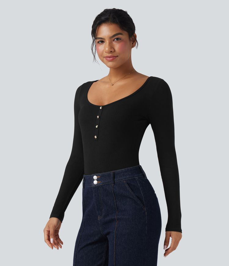 Ribbed Knit U Neck Long Sleeve Work Bodysuit