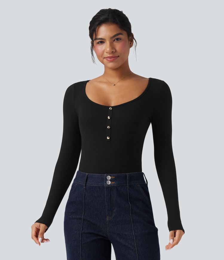 Ribbed Knit U Neck Long Sleeve Work Bodysuit