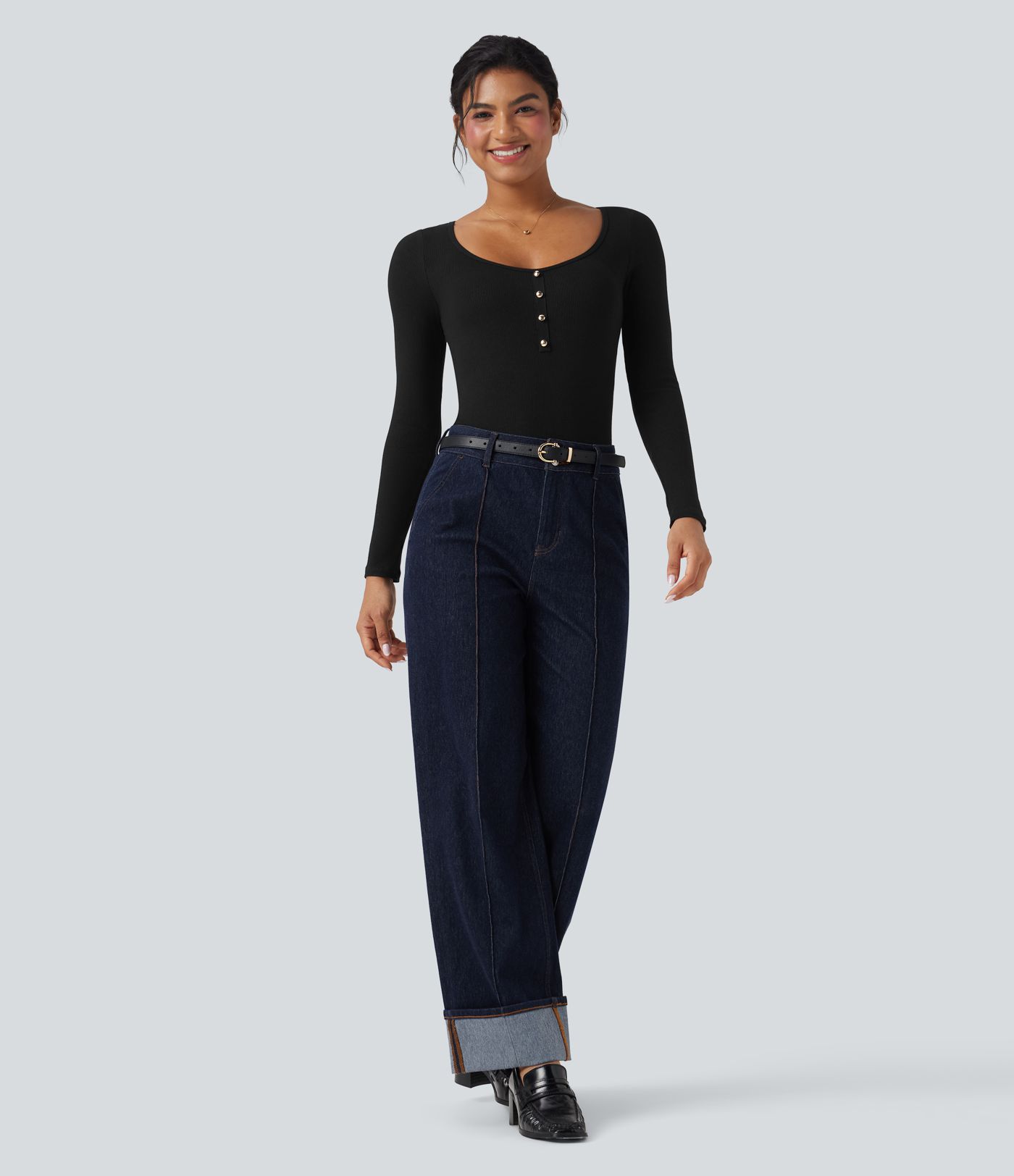 Body acanalado con escote en U y mangas largas para el trabajo