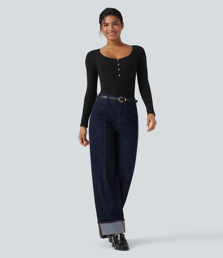 Ribbed Knit U Neck Long Sleeve Work Bodysuit