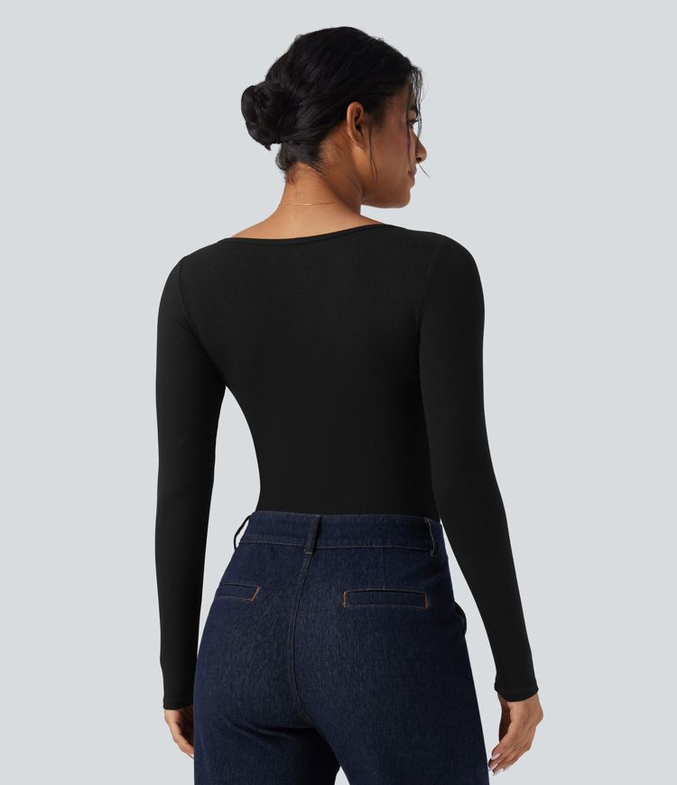 Ribbed Knit U Neck Long Sleeve Work Bodysuit