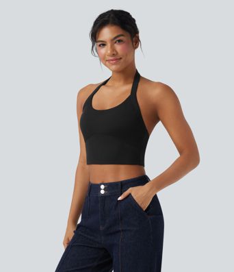 Débardeur décontracté cropped maille côtelée dos-nu boucle réglable Débardeur décontracté cropped maille côtelée dos-nu boucle réglable