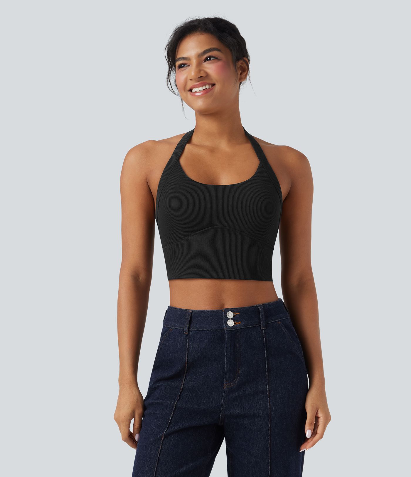 Débardeur décontracté cropped maille côtelée dos-nu boucle réglable Débardeur décontracté cropped maille côtelée dos-nu boucle réglable