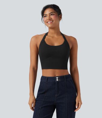 Débardeur décontracté cropped maille côtelée dos-nu boucle réglable Débardeur décontracté cropped maille côtelée dos-nu boucle réglable