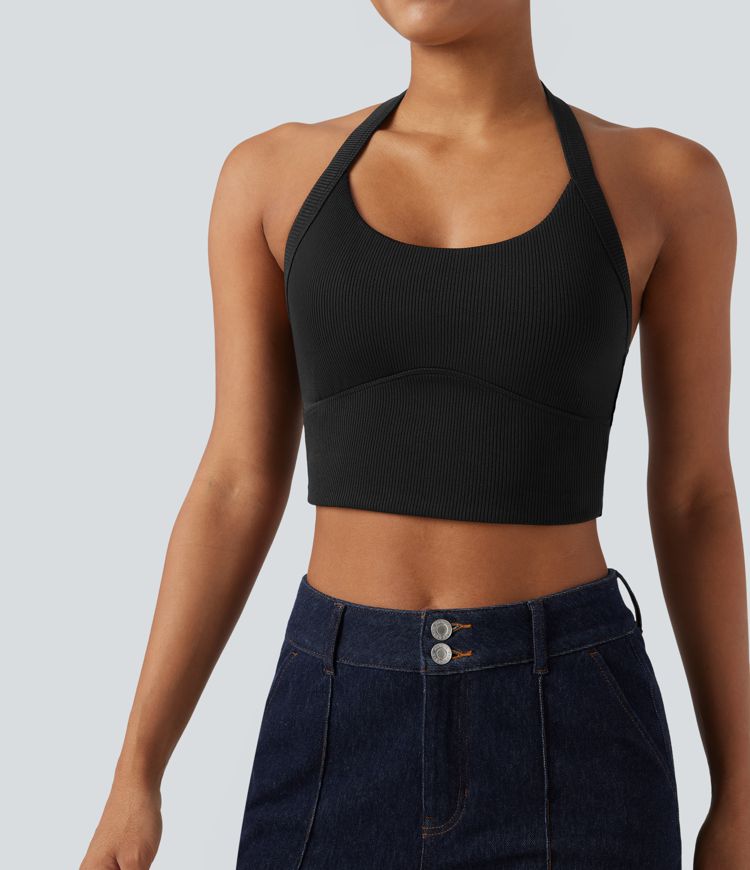 Débardeur décontracté cropped maille côtelée dos-nu boucle réglable Débardeur décontracté cropped maille côtelée dos-nu boucle réglable