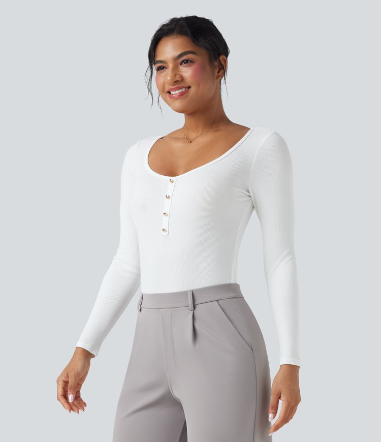 Ribbed Knit U Neck Long Sleeve Work Bodysuit