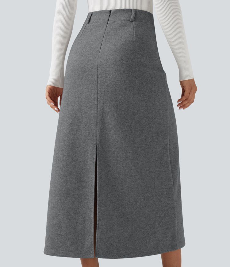 Falda midi casual de polar con abertura y tiro alto