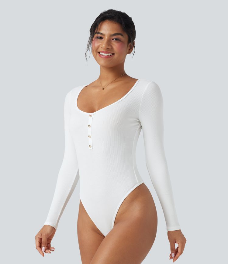 Ribbed Knit U Neck Long Sleeve Work Bodysuit