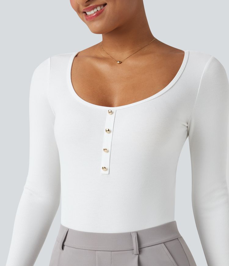 Ribbed Knit U Neck Long Sleeve Work Bodysuit