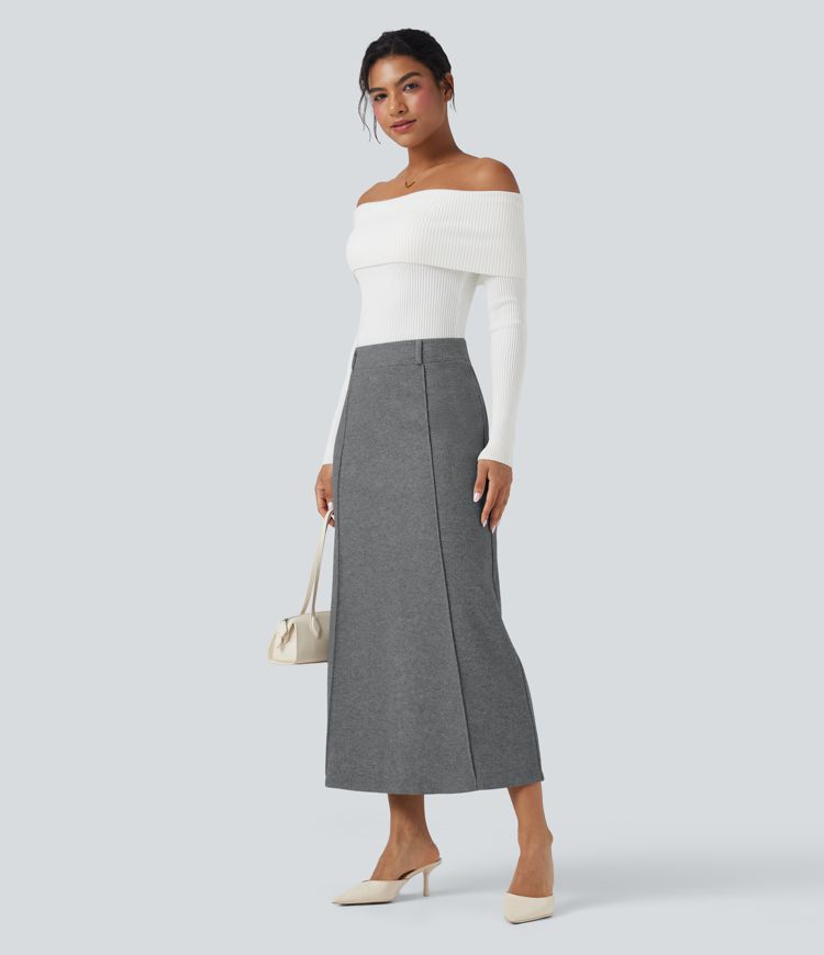 Falda midi casual de polar con abertura y tiro alto