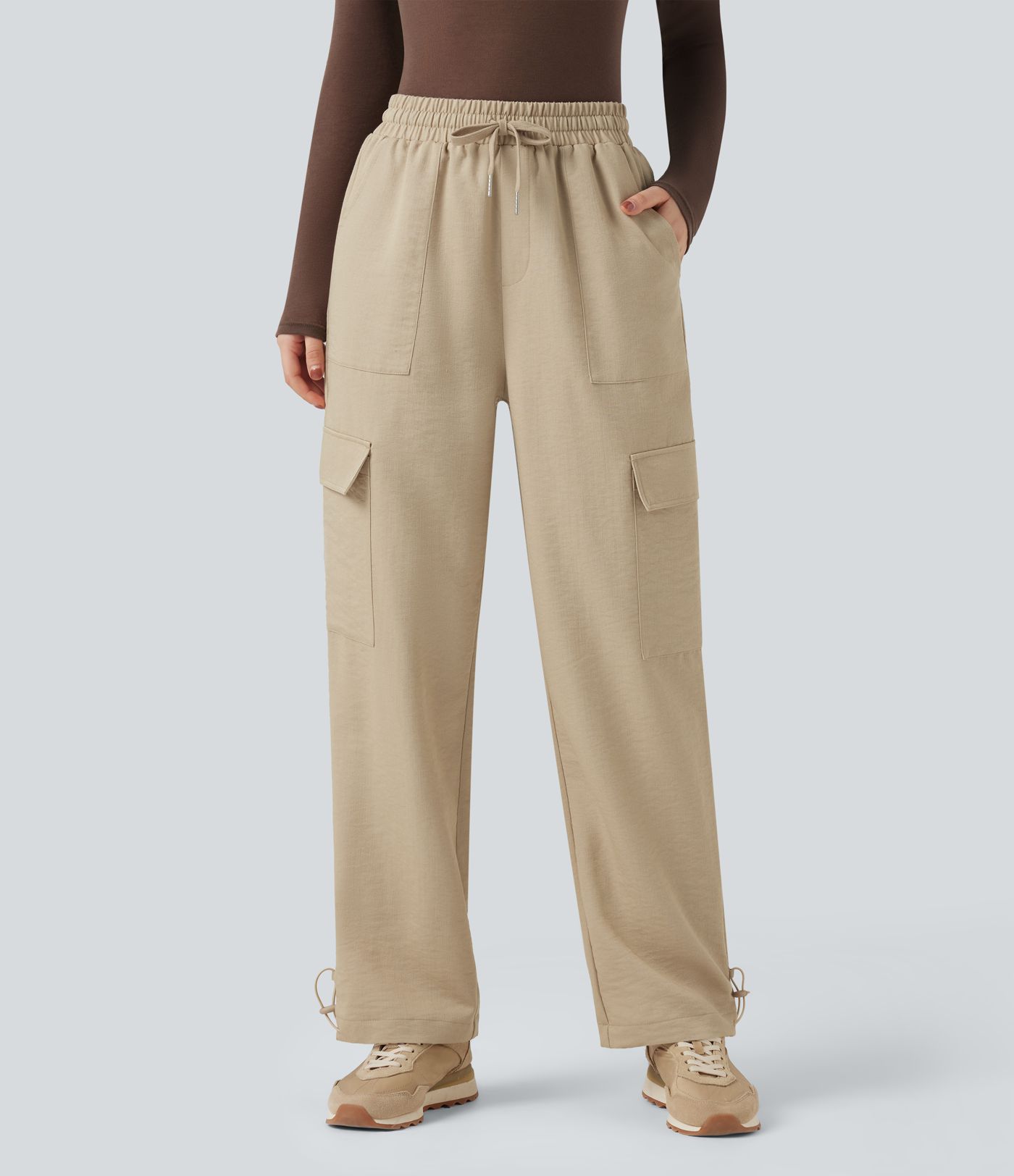 Wrinkle-Resistant Mid Rise Drawstring Wide Leg Casual Linen-Feel Trousers with Pockets