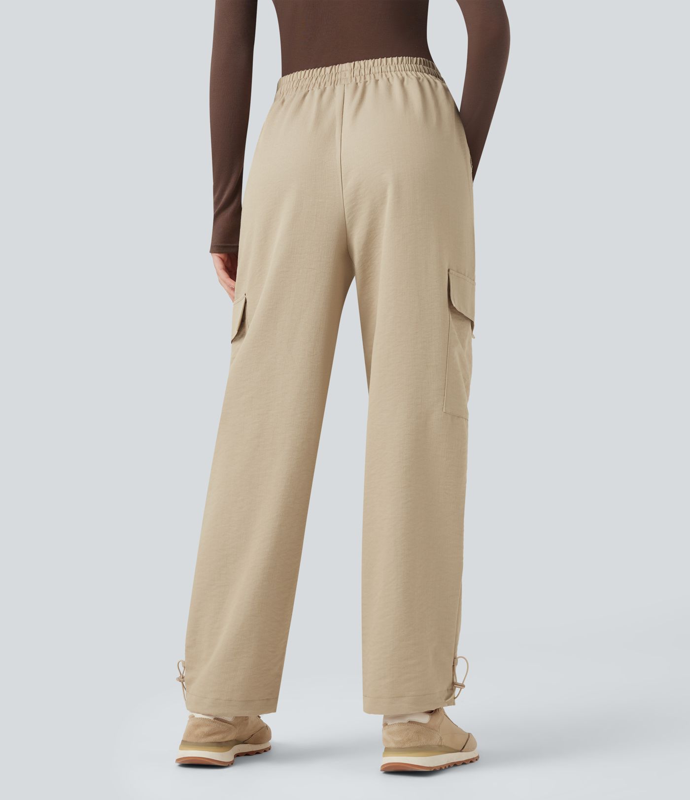 Wrinkle-Resistant Mid Rise Drawstring Wide Leg Casual Linen-Feel Trousers with Pockets
