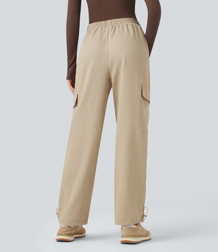 Wrinkle-Resistant Mid Rise Drawstring Wide Leg Casual Linen-Feel Trousers with Pockets