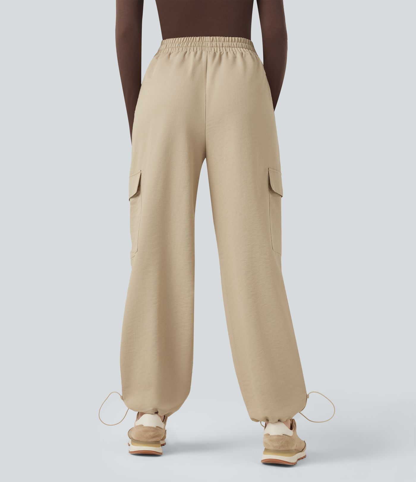 Wrinkle-Resistant Mid Rise Drawstring Wide Leg Casual Linen-Feel Trousers with Pockets