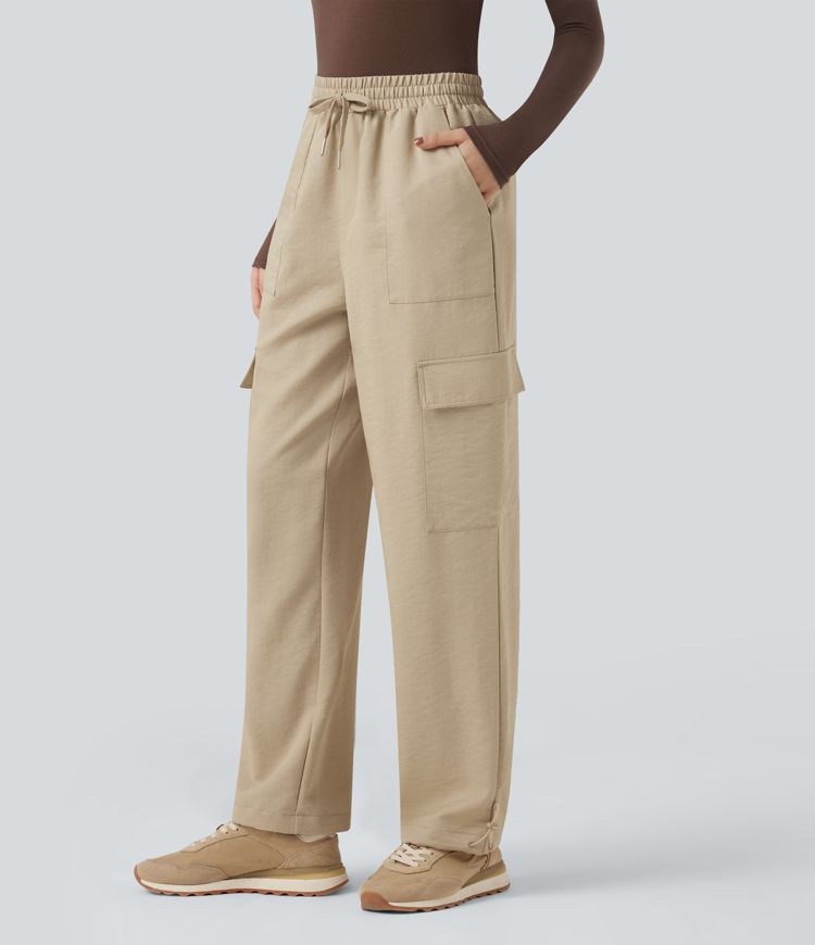 Wrinkle-Resistant Mid Rise Drawstring Wide Leg Casual Linen-Feel Trousers with Pockets