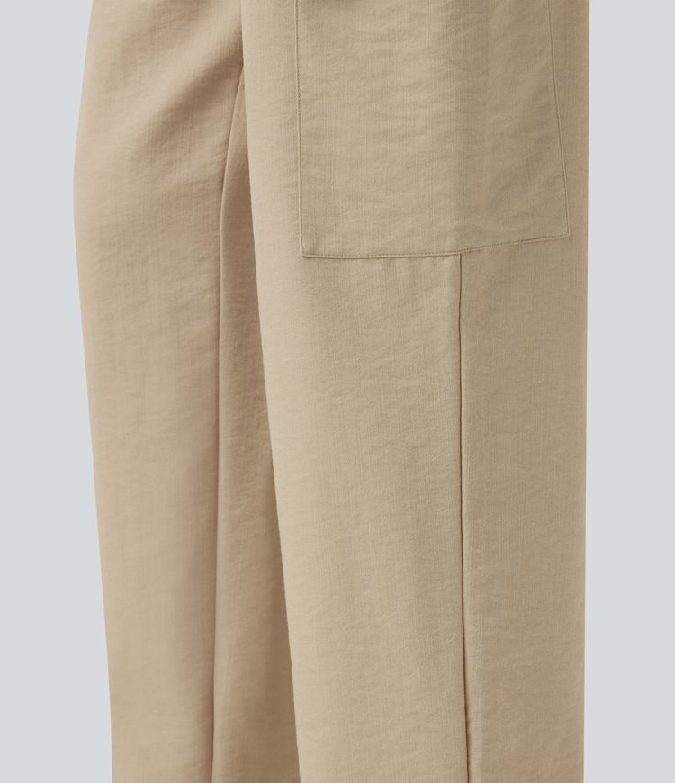 Wrinkle-Resistant Mid Rise Drawstring Wide Leg Casual Linen-Feel Trousers with Pockets