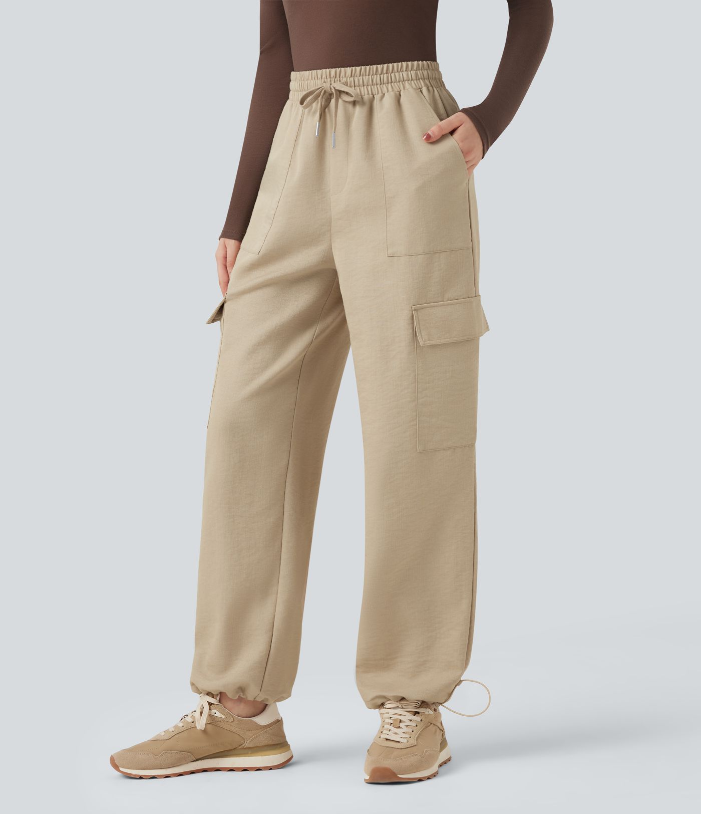 Wrinkle-Resistant Mid Rise Drawstring Wide Leg Casual Linen-Feel Trousers with Pockets