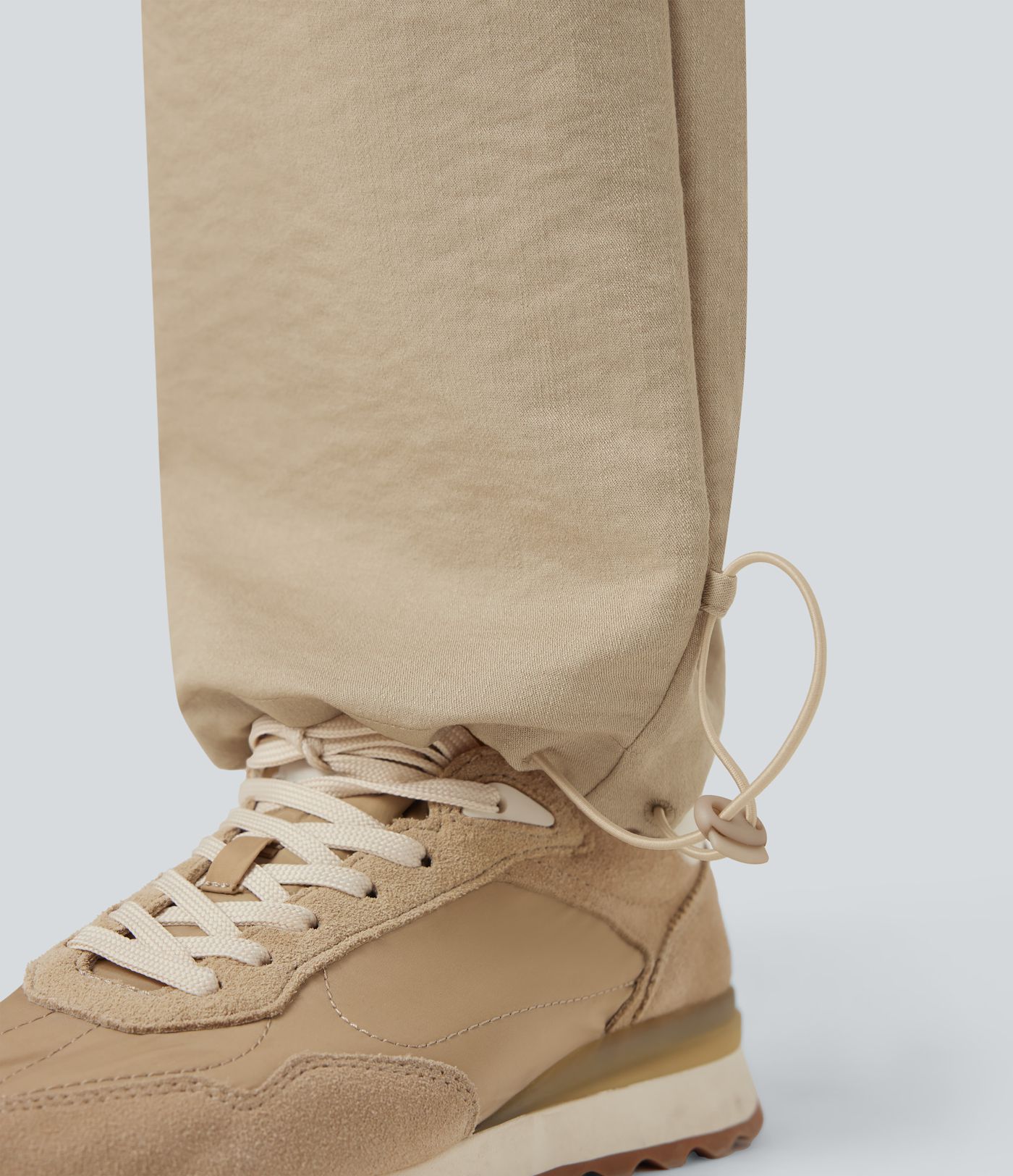 Wrinkle-Resistant Mid Rise Drawstring Wide Leg Casual Linen-Feel Trousers with Pockets