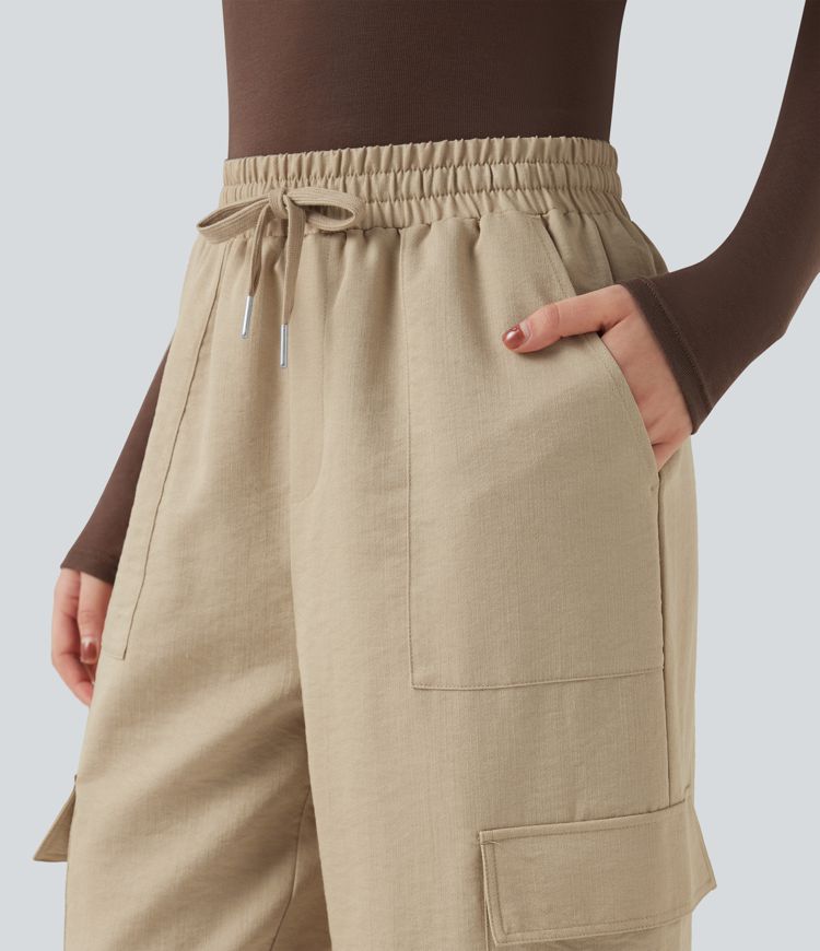 Wrinkle-Resistant Mid Rise Drawstring Wide Leg Casual Linen-Feel Trousers with Pockets