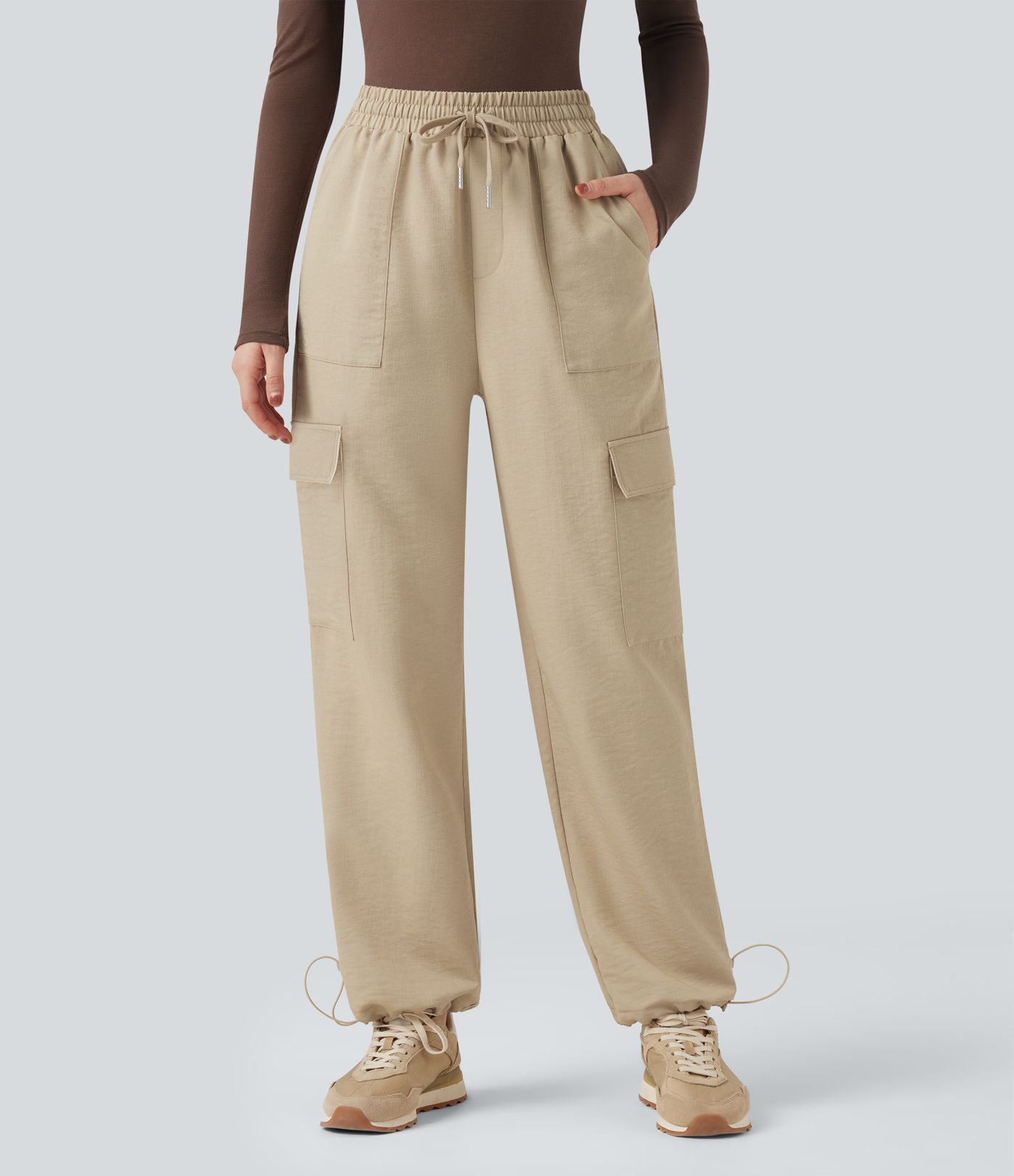 Wrinkle-Resistant Mid Rise Drawstring Wide Leg Casual Linen-Feel Trousers with Pockets
