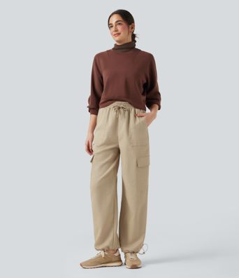 Pantalones casuales anchos de lino con tiro medio resistente arrugas con cordón y bolsillos