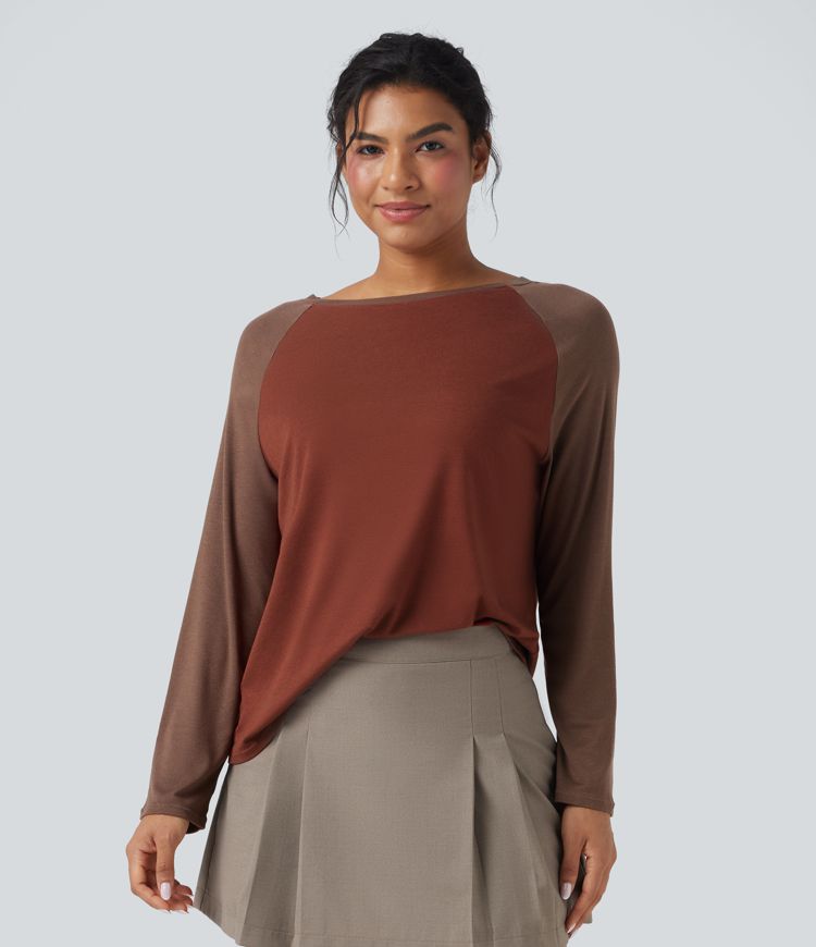 Round Neck Raglan Long Sleeve Color Block Casual Top