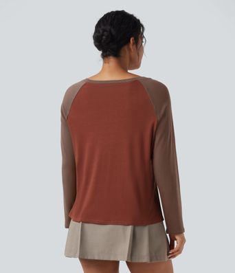 Round Neck Raglan Long Sleeve Color Block Casual Top