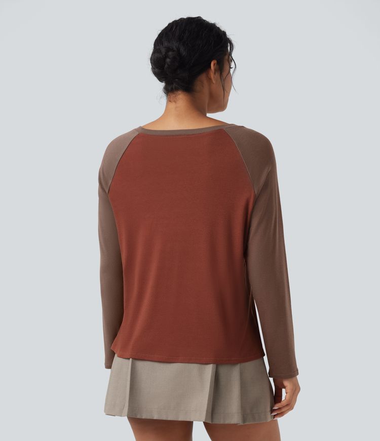 Round Neck Raglan Long Sleeve Color Block Casual Top