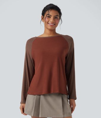Round Neck Raglan Long Sleeve Color Block Casual Top