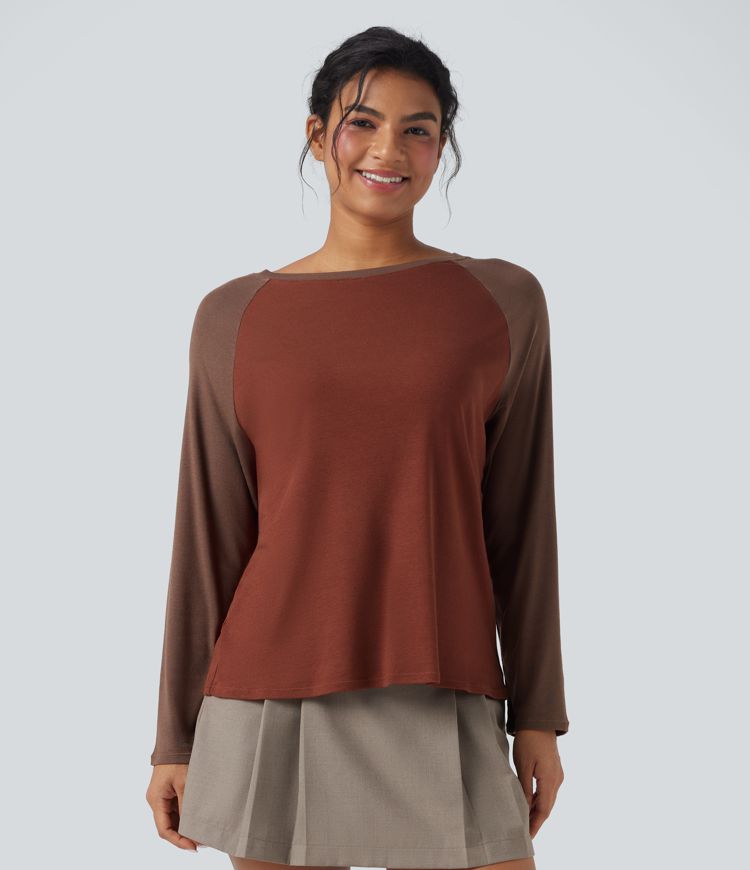 Round Neck Raglan Long Sleeve Color Block Casual Top